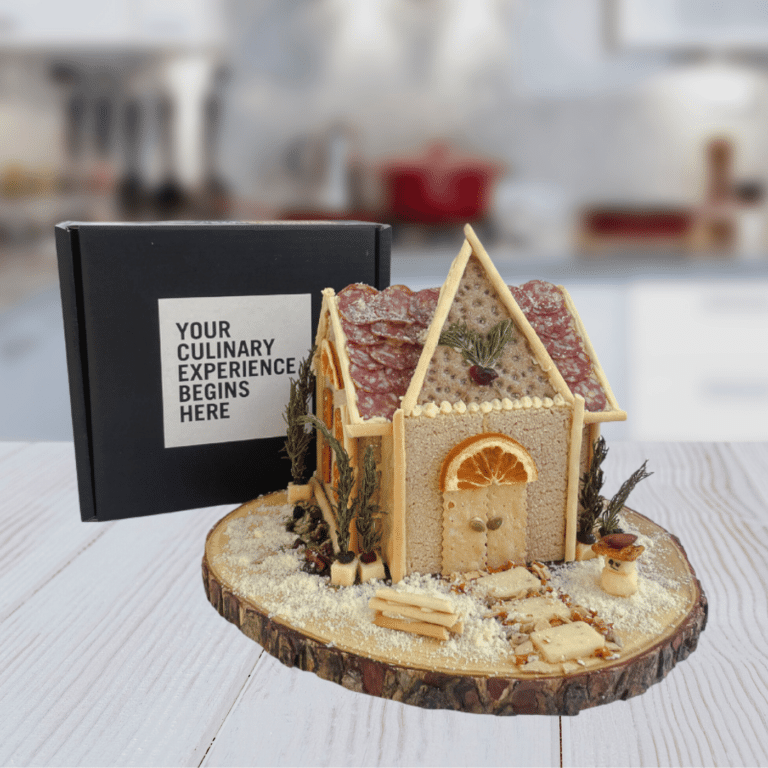 Edible Architecture. Charcuterie Chateau with Packaging with Kitchen Background