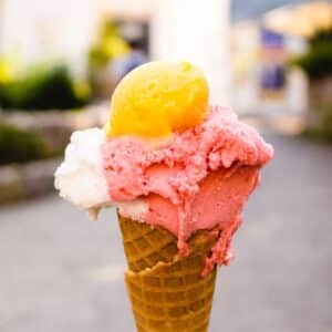 ice cream cone with three different types of gelato