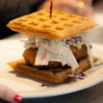 waffle sandwich with fried chicken and coleslaw