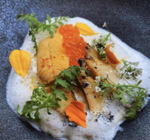 O.G satsuki rice porridge, S.B. Uni, abalone, geoduck, Parmesan cream