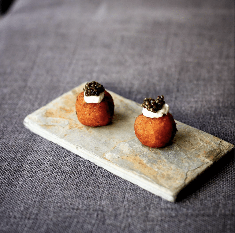 Trout croquettes with a little creme fraiche and caviar from Sons & Daughters on a Michelin Star San Francisco Food Tour