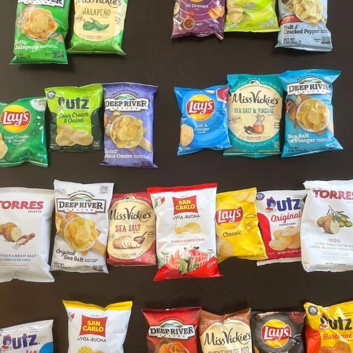 potato chips organized by category on table