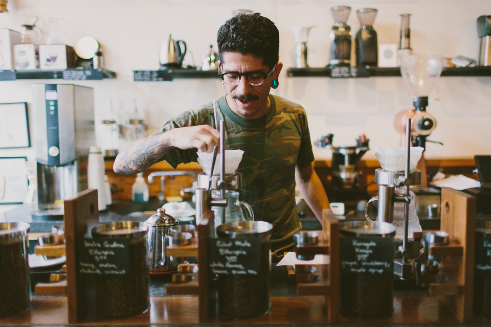 man brewing coffee in Coffee shop in San Francisco