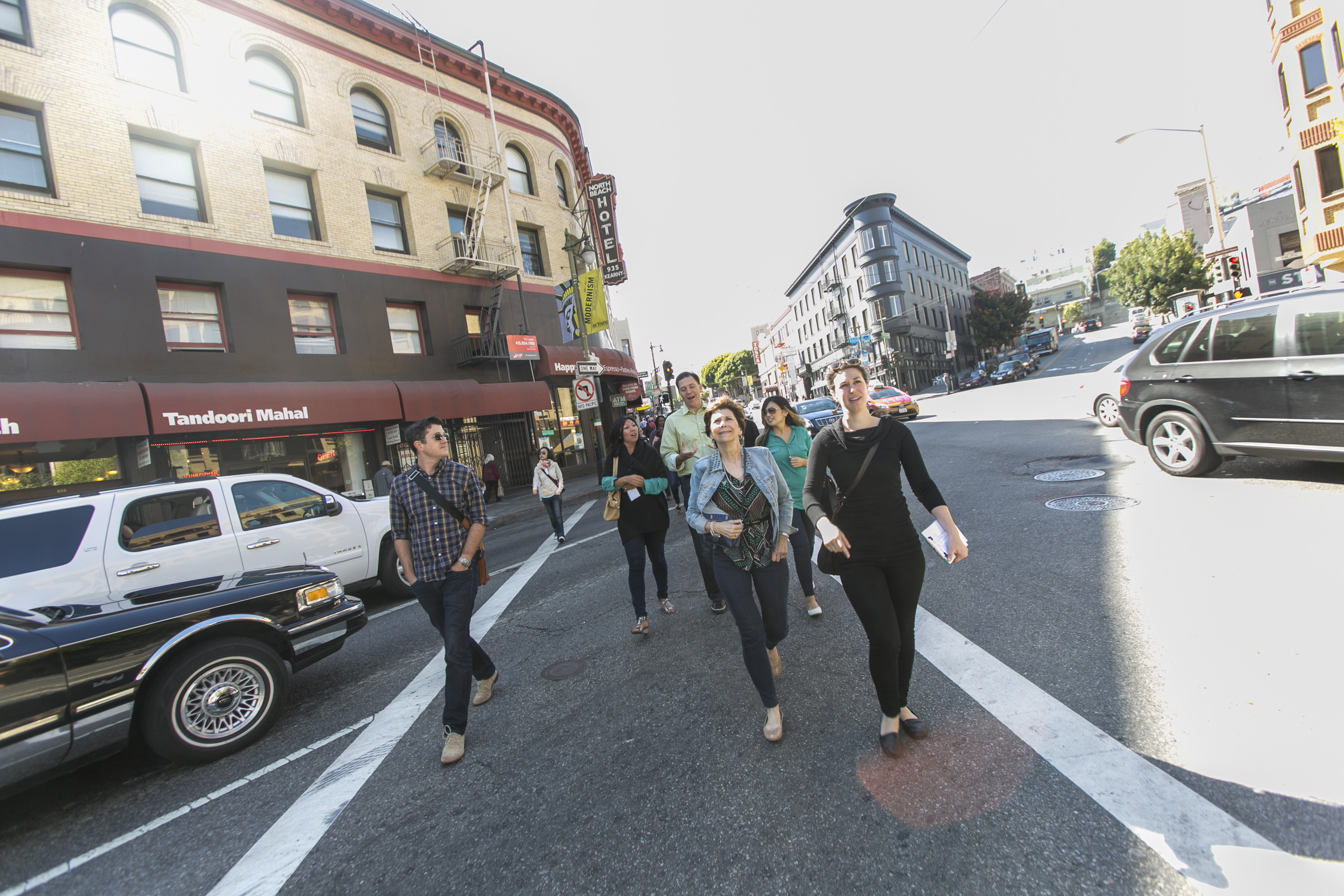 Tour guests walking on Street in North Beach San Francisco's Most Unique Corporate Team Building Experience