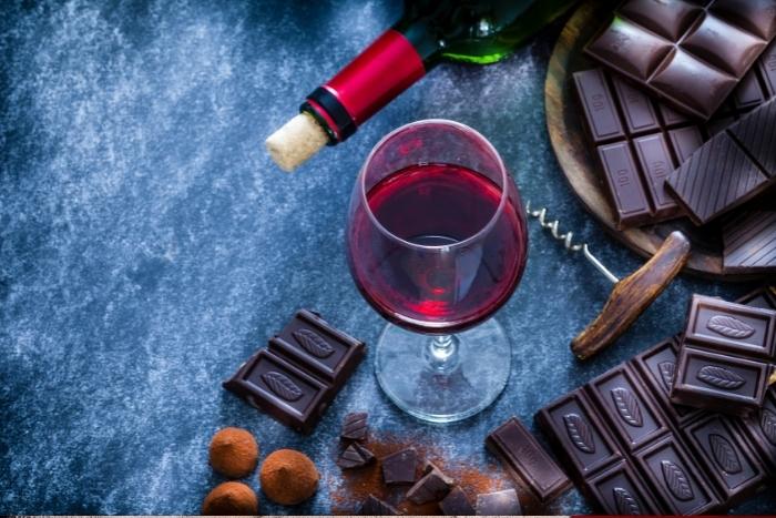 wine-and-chocolate-on-table-from-tasting-for-virtual-halloween-team-event