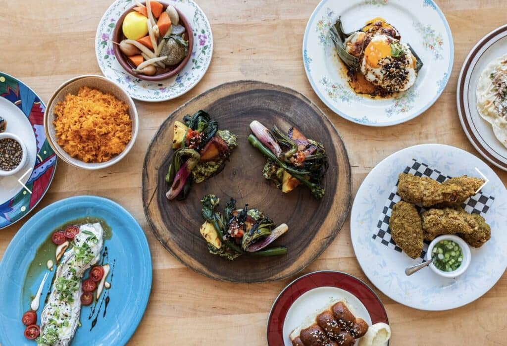 table full of food at prubechu in san francisco