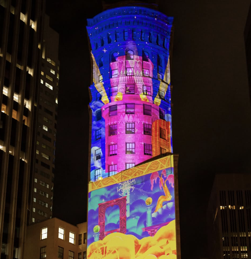 Holiday light display on SF landmark building
