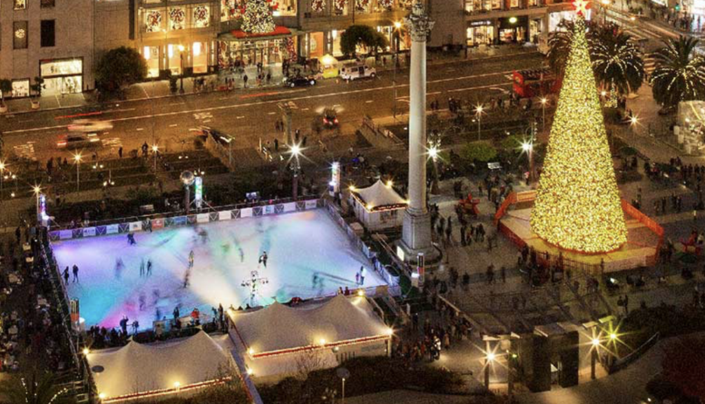 Ice skating rink at union square in sf photographed from above