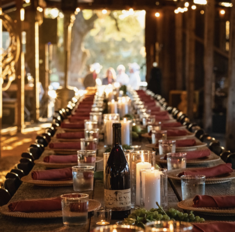 A long table with ornate table settings, candles, and wine