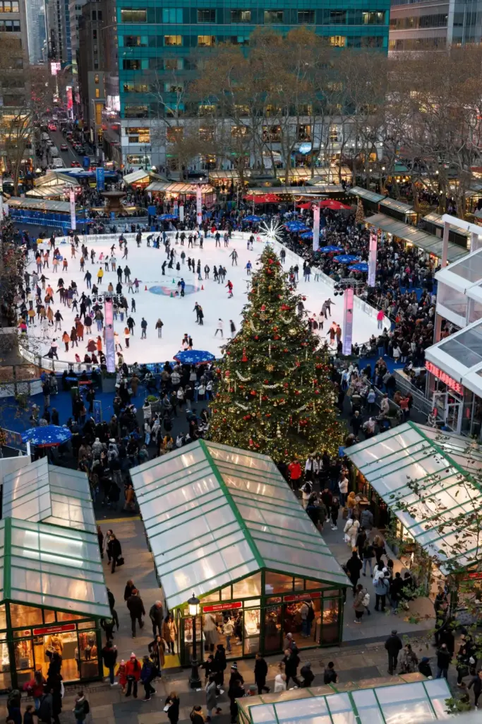 Bryant Park Winter Market photographed from above shpowing the ice skating rink and vendors
