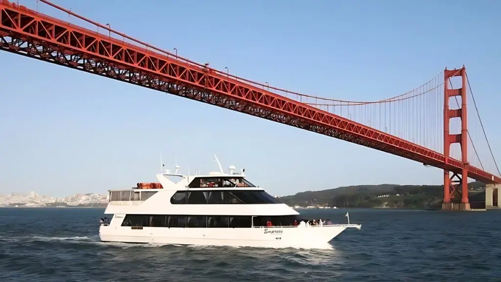 A yact cruises under the Golden Gate Bridge