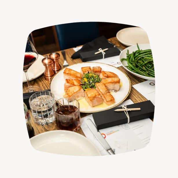 salmon and wine and table during private dining