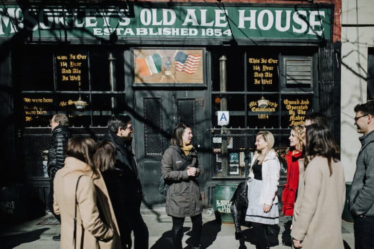 Dacia-Pierson.-East-Village-Food-Tour.-Avital-speaking-to-group-outside-McSorleys-Ale-House