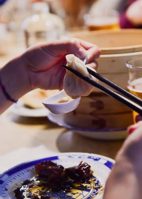chopsticks holding dumpling during nyc food tour