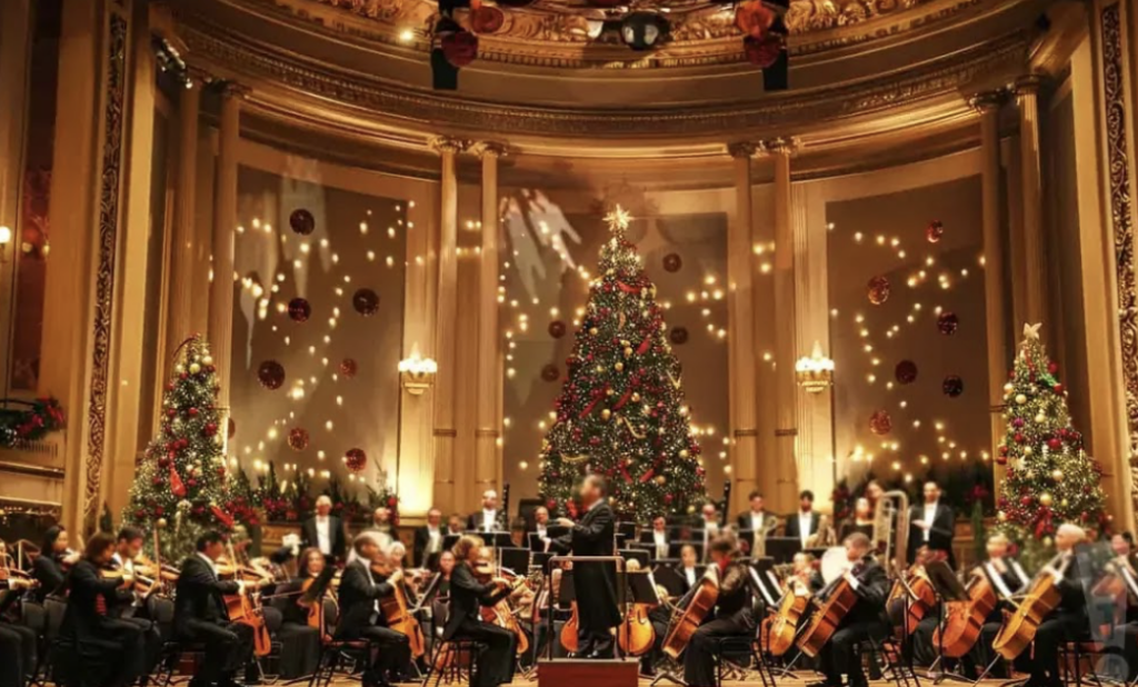 A grand orchestra sits on a lighted stage with christmas trees in the background