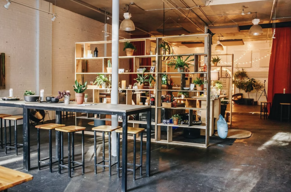 A shelf of plants and lights at warehouse xi