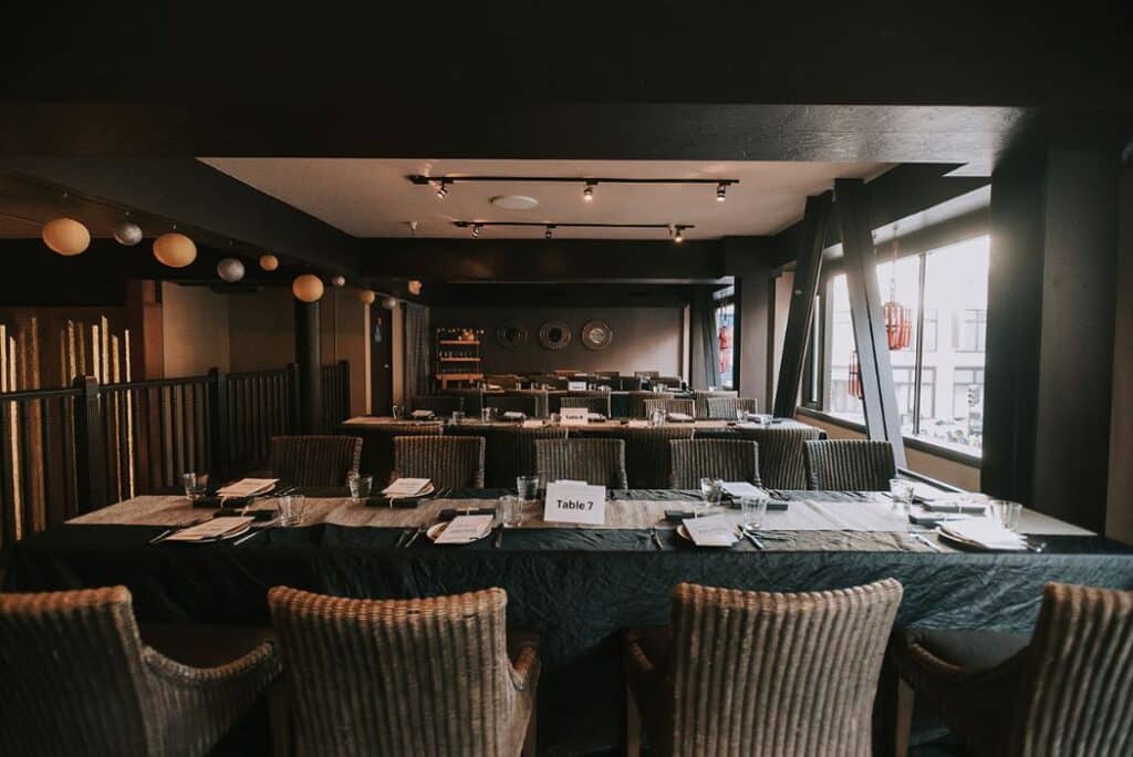 An elegantly set private dining room NYC, featuring stylish décor, intimate lighting, and a sophisticated ambiance. This exclusive space is ideal for corporate dinners, milestone celebrations, or special occasions, offering privacy and a tailored dining experience.