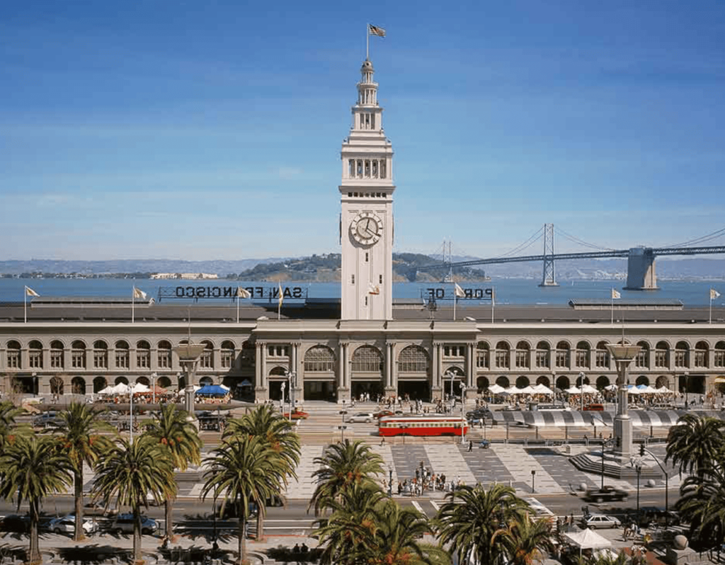 exterior ariel shot of ferry building in san francisco