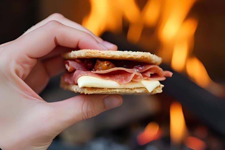 hand holding savory smore with fire behind