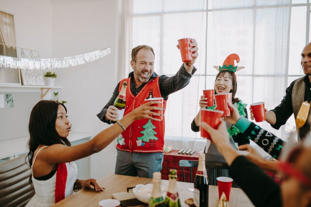 Team members cheers at a company christmas party
