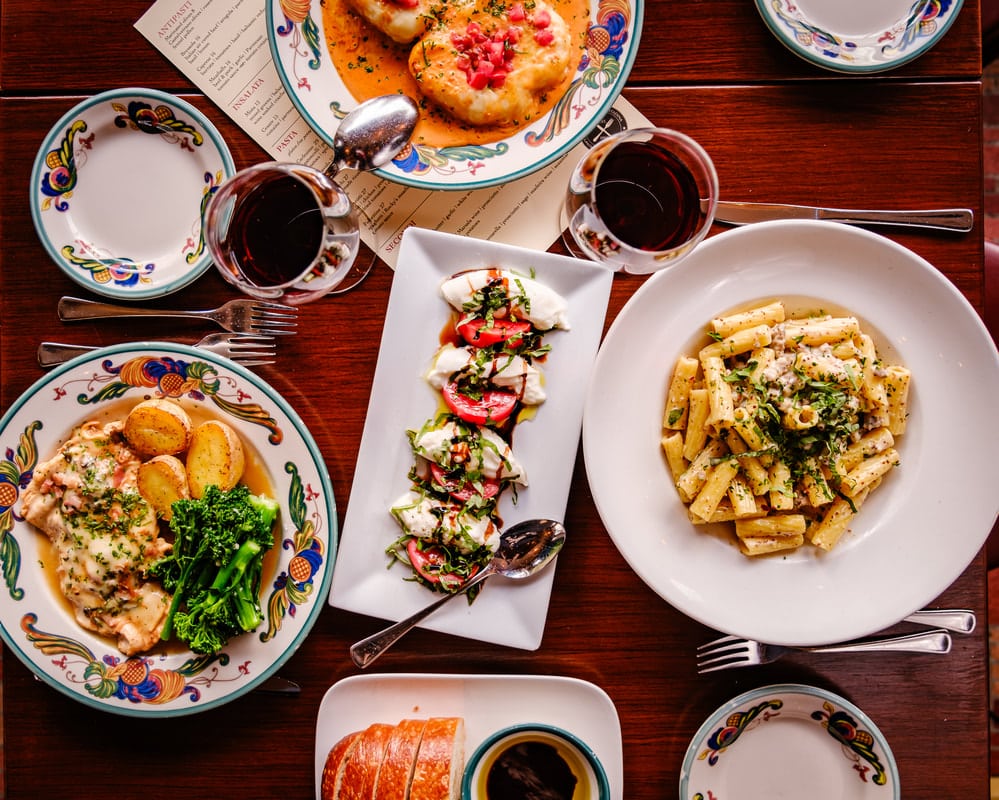 overhead view of table full of food at trattoria contadina in north beach