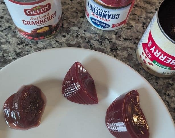 several cranberry sauces on plate during cranberry sauce tasting