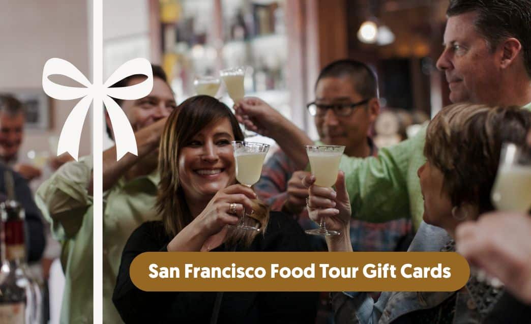 people enjoying drinks with bow over the top of image and san francisco food tour gift card text