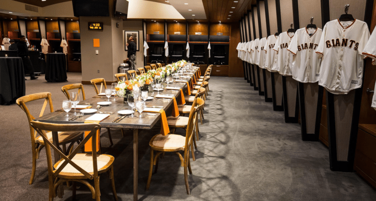 Corporate dinner setup in the Giants dugout