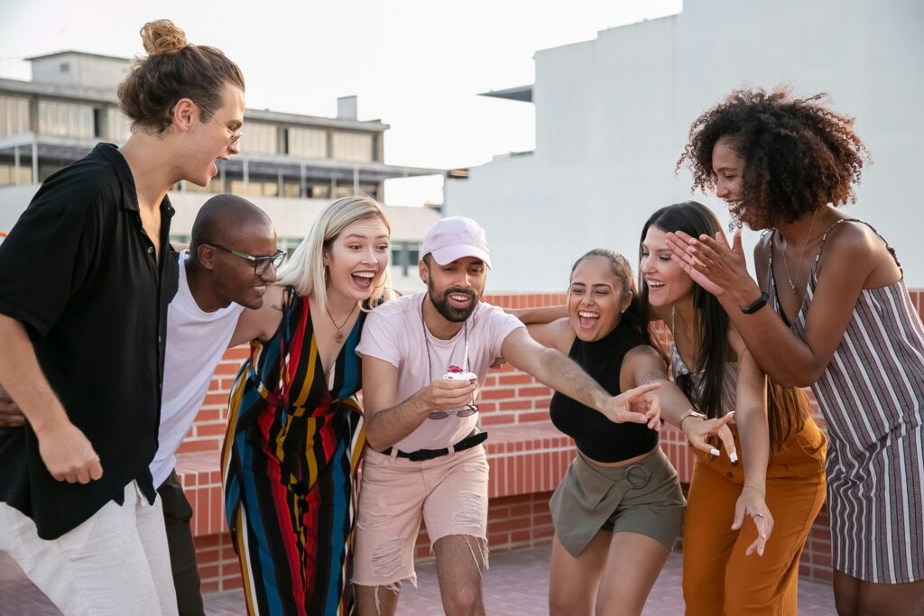 A team celebrates solving a clue for their scavenger hunt