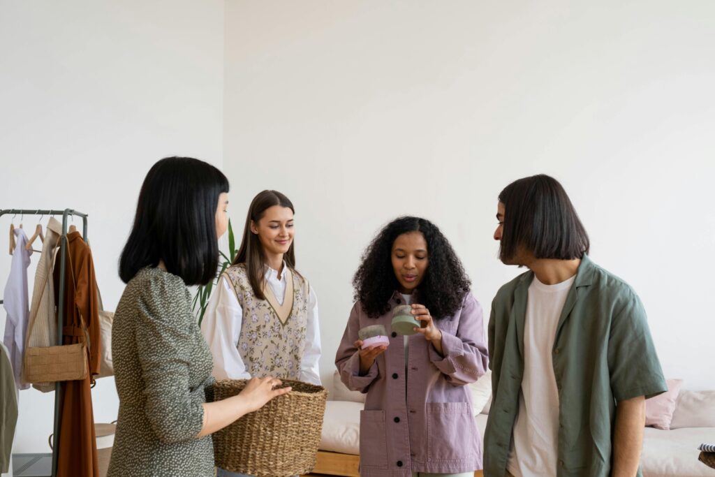 Team members form a circle to show and tell
