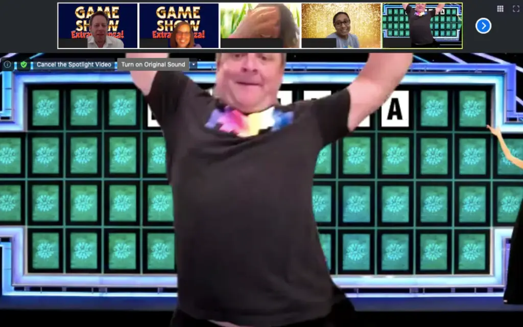A team bonds while playing a virtual Game Show Extravaganza