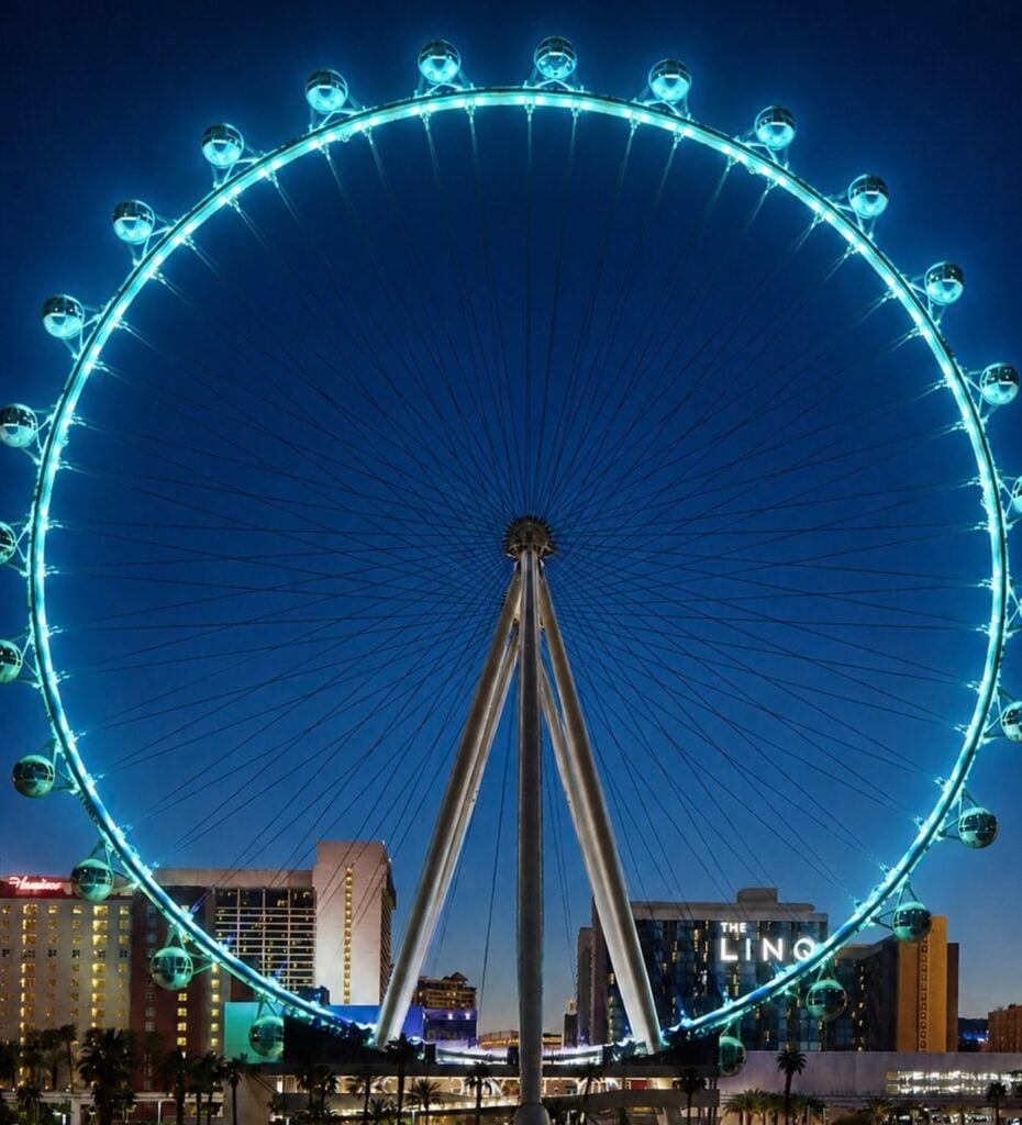 The High Roller at Linq Promenade lit up at night