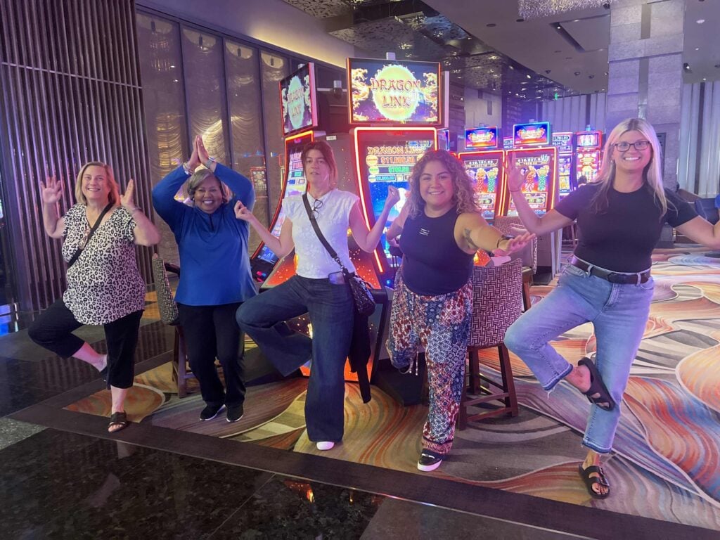 Scavenger hunters hit yoga poses in a Las Vegas casino