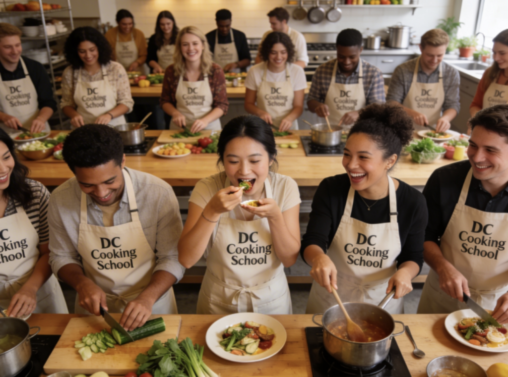Team members work together to create a meal from scratch at the DC Cooking School