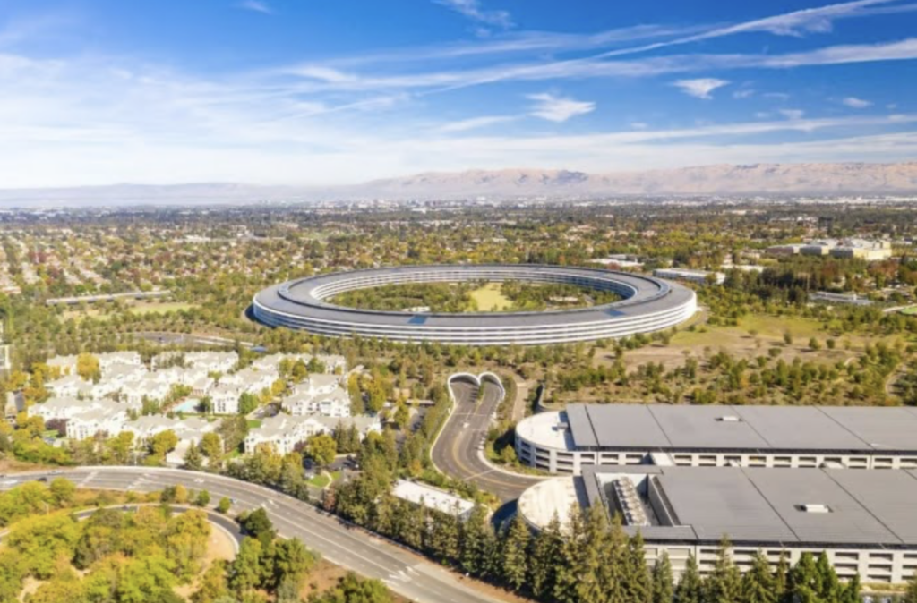 The city of Cupertino from an aerial view is green and sprawling