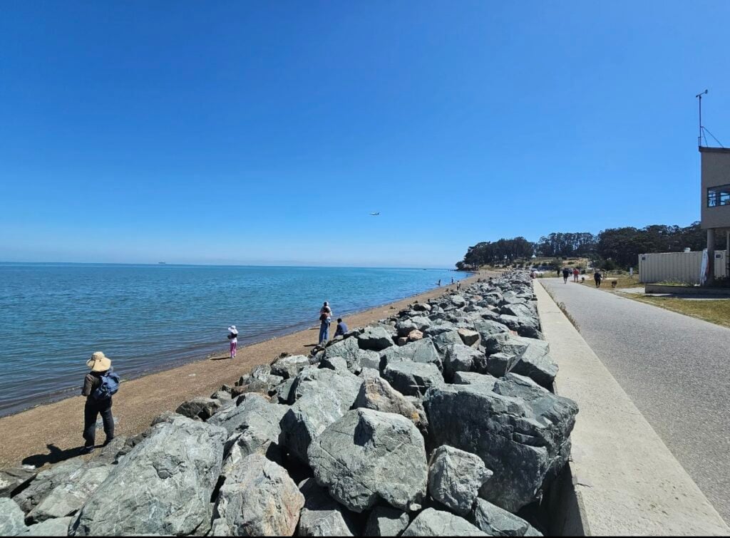 The shoreline of the bay on a San Mateo hike is dotted with rocks and sand