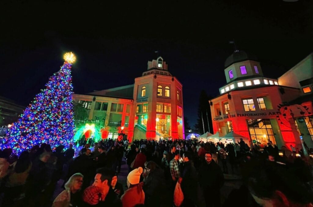 The lights on building for christmas in mountainview shine green and red