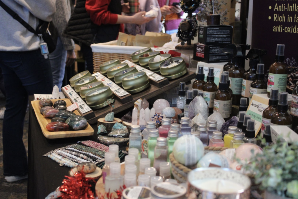 many tinctures and crafts are available for puchase at a holiday market